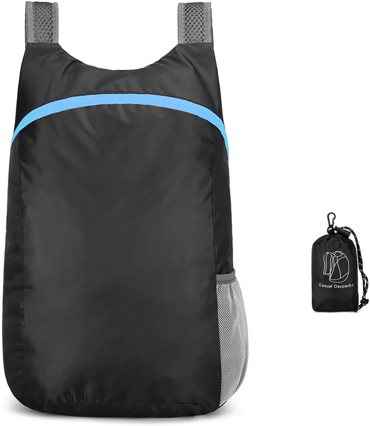Lightweight Foldable Waterproof Backpack For Men Women Outdoor Sports Travel Leisure Bag Hiking Small Daypack 20L (Black-Blue)