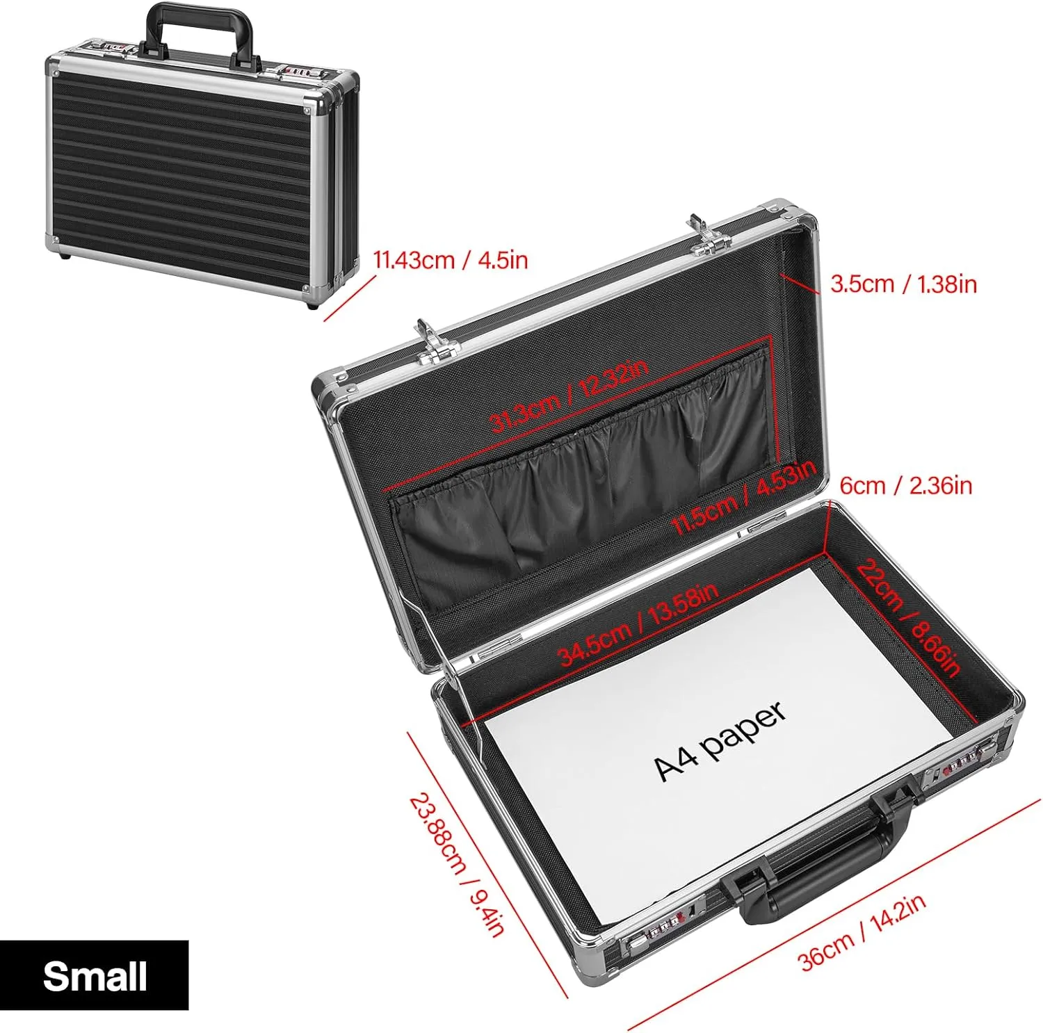 Locking Briefcase - Lockable Attache Case for Laptop & Documents, Dual Combination Locks, 14.2 x9.4 x4.5 Business Aluminum Frame Hard Case for Professionals, Businessmen, Lawyers - Black