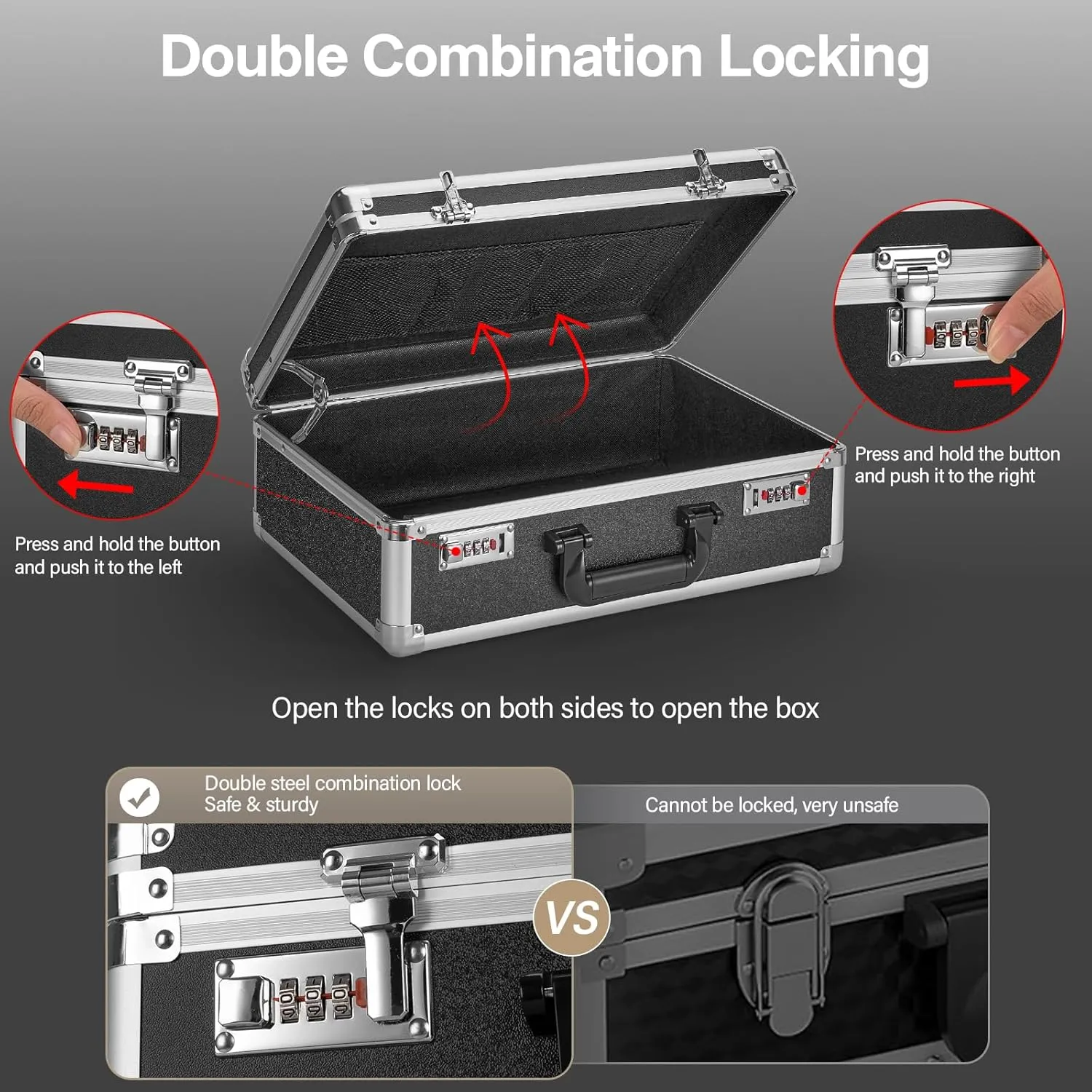 Locking Briefcase - Lockable Attache Case for Laptop & Documents, Dual Combination Locks, 14.2 x9.4 x4.5 Business Aluminum Frame Hard Case for Professionals, Businessmen, Lawyers - Black