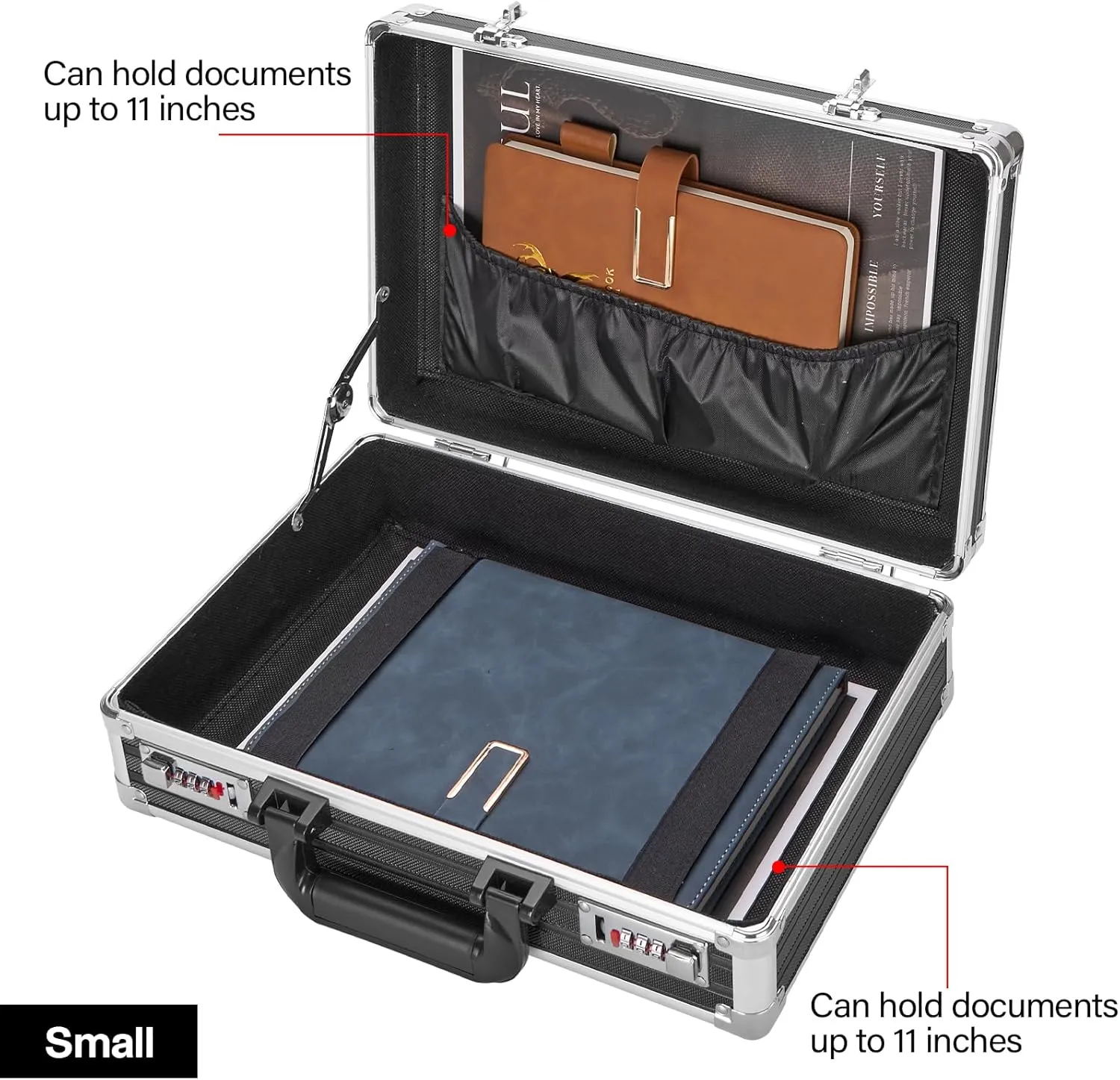Locking Briefcase - Lockable Attache Case for Laptop & Documents, Dual Combination Locks, 14.2 x9.4 x4.5 Business Aluminum Frame Hard Case for Professionals, Businessmen, Lawyers - Black