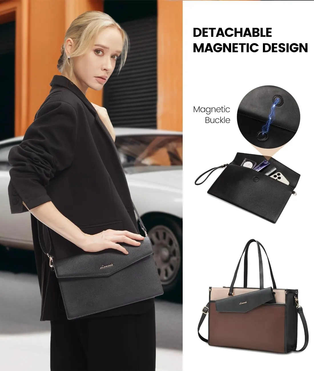 LOVEVOOK Laptop Bag for Women, 15.6'' Laptop Tote Purse 2-in-1 Professional Work Bag Business Briefcase with Clutch Purse, Waterproof Leather Computer Handbag for Teacher Office Travel