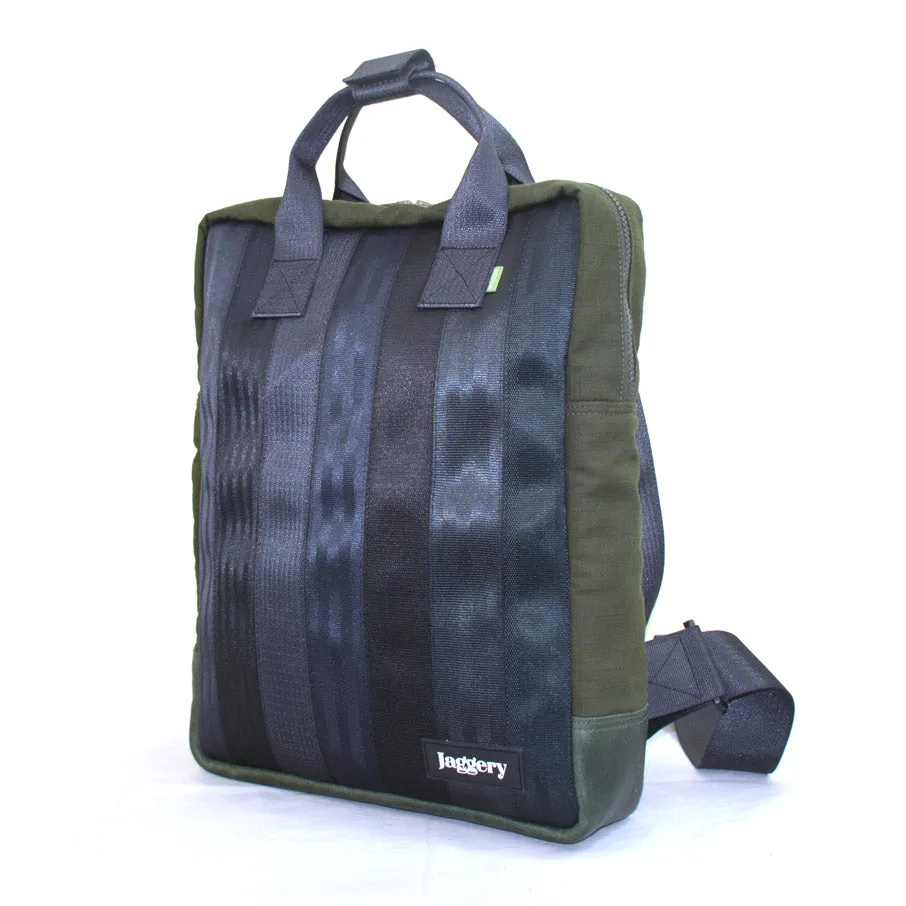 Noir Arrive Backpack in Rescued Car Seat Belts and OG Canvas [15"laptop bag]