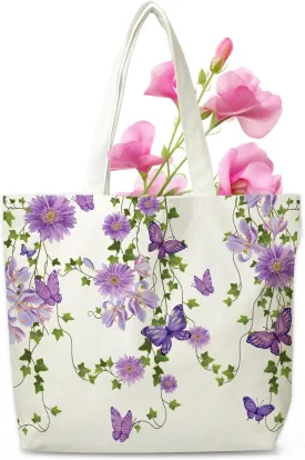 Purple Butterfly Canvas Tote Bag, Purple Flowers Aesthetic Shopping Grocery Bag, Beach Bag Gifts For Women Butterfly Lovers Friends Family, Spring Summer Party Reusable Shopping Bag, 16
