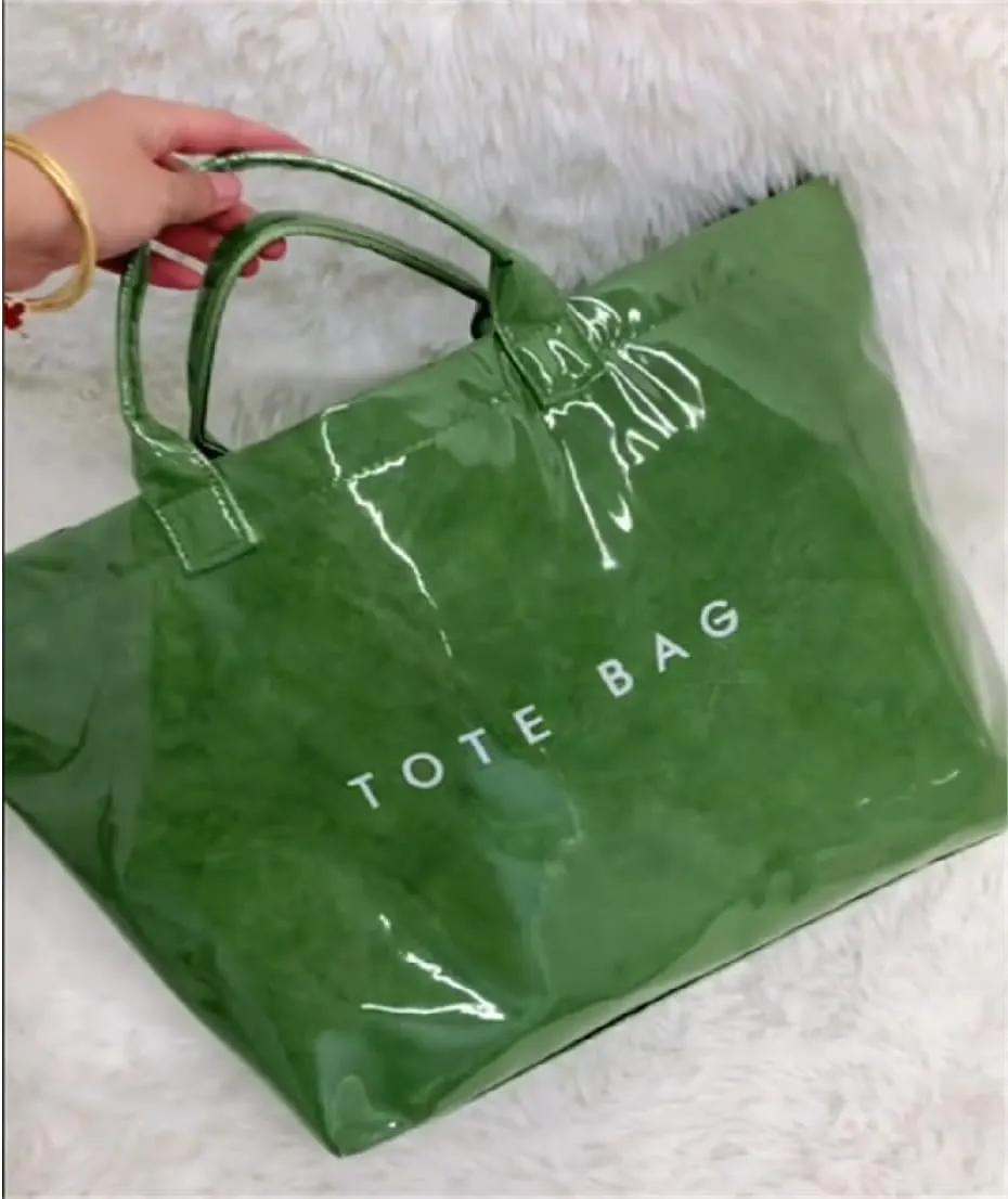 PVC Tote Bag for Women Large Work Tote Bag, Large Capacity Green Jelly Bag, Letter Print Tote Handbag