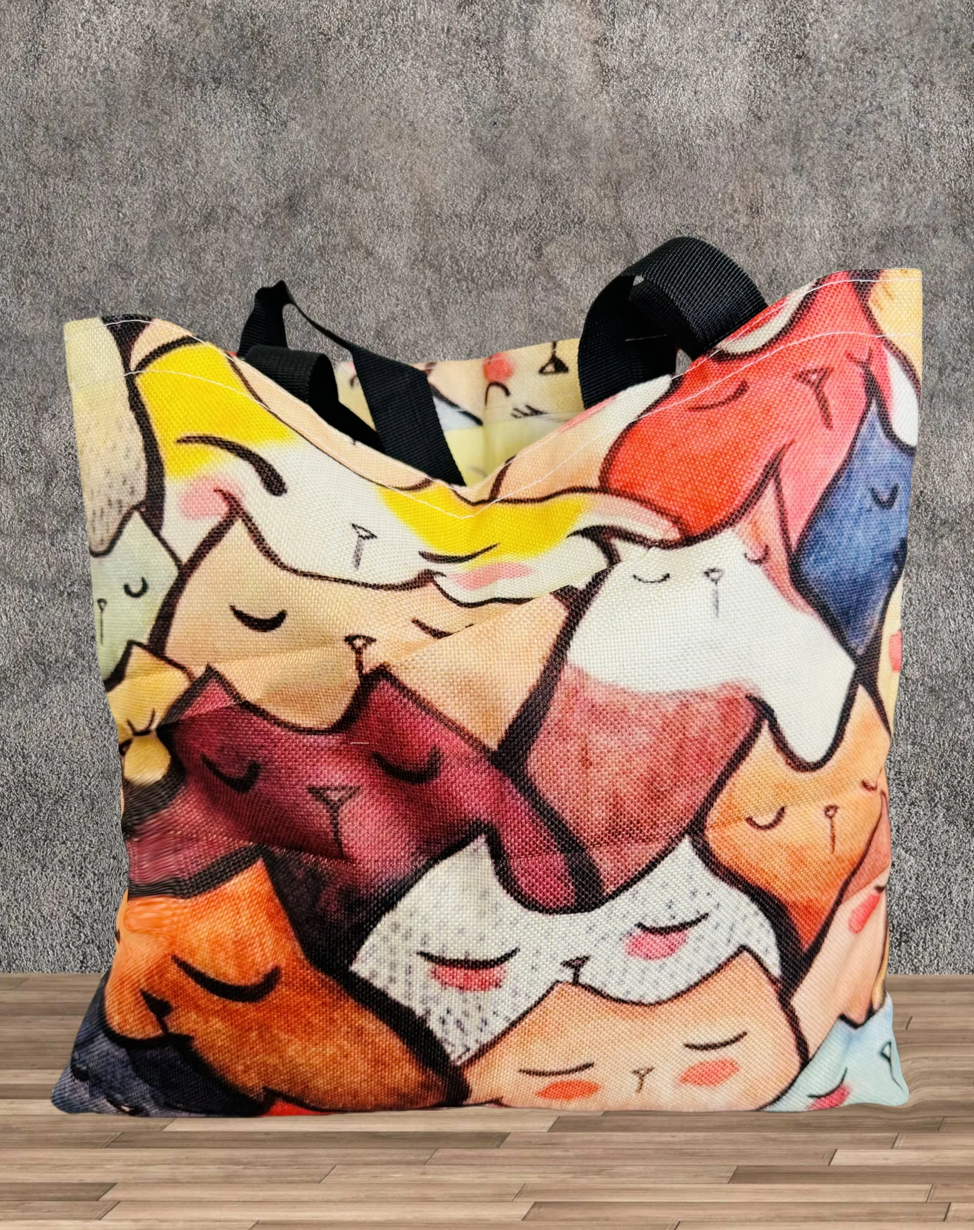 Red-Orange Multicolor Cat Linen Tote Bag