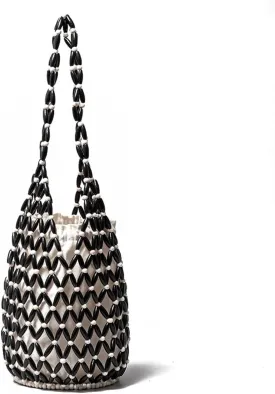 RomanticDesign Women Retro Wooden Handbag Woven Bead Tote Bag Hollow Out Beach Casual Bucket Purse