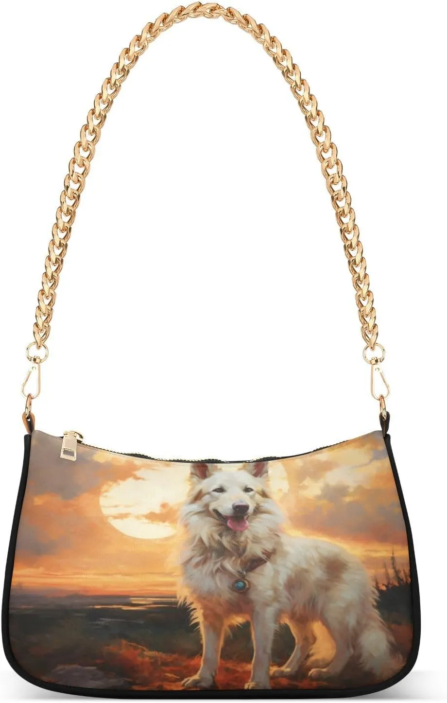 Shoulder Bags for Women White Shepherd Dog in Sunset Hobo Tote Handbag Small Clutch Purse with Zipper Closure