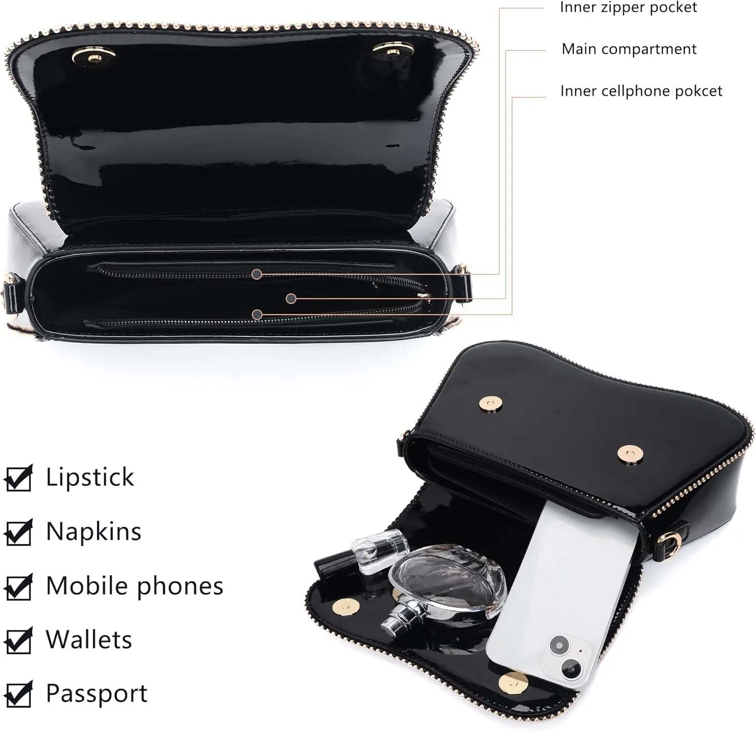 Small Patent Leather Crossbody Bags for Women Y2K Purse Trendy Hobo Handbag Designer Studded Shoulder Bag