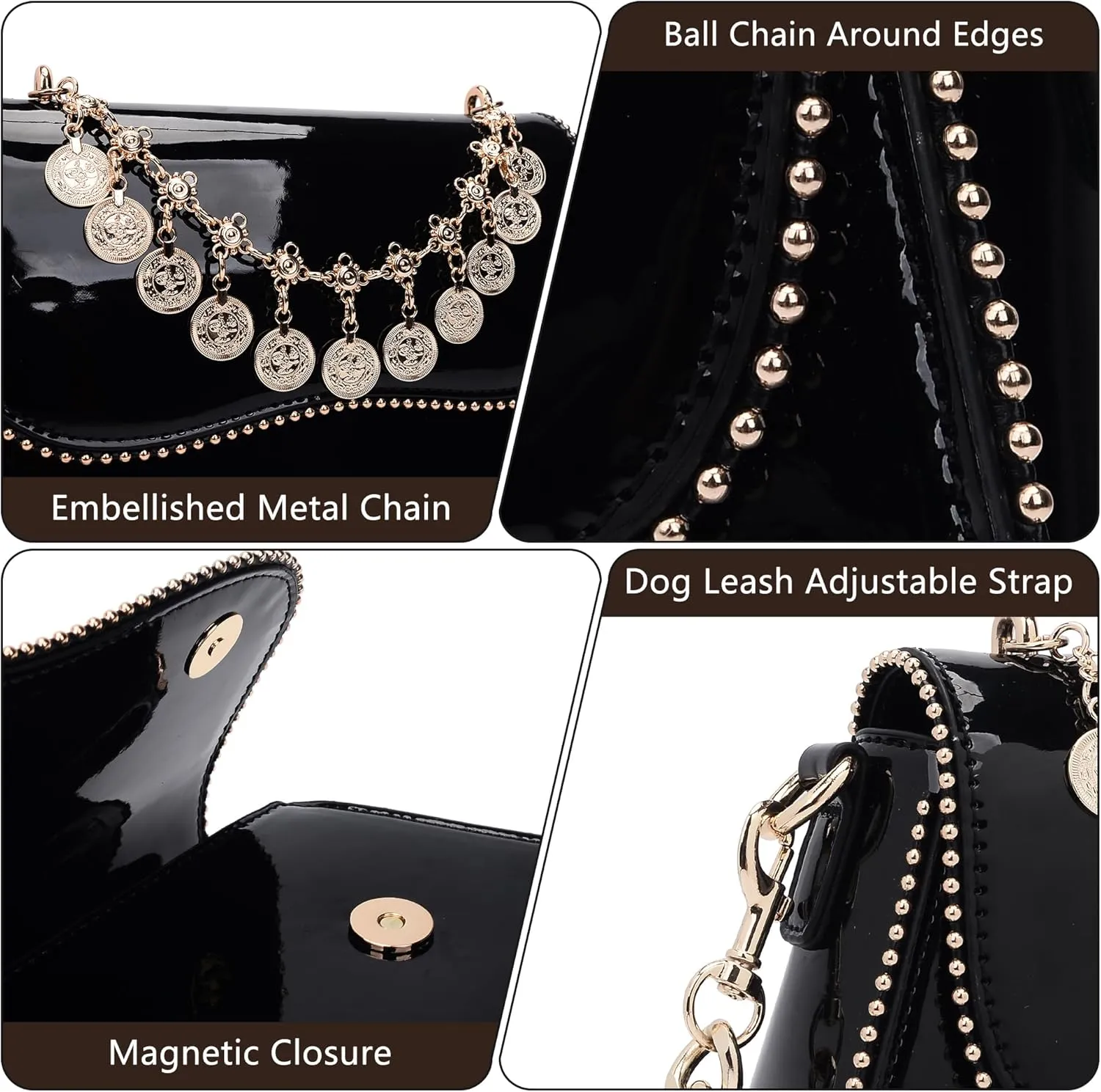 Small Patent Leather Crossbody Bags for Women Y2K Purse Trendy Hobo Handbag Designer Studded Shoulder Bag
