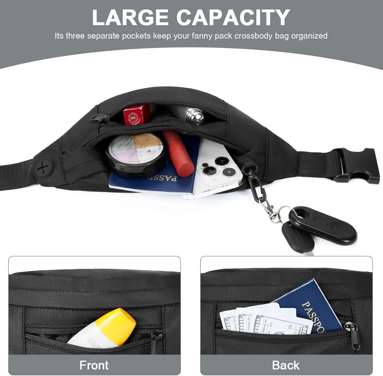 Telena Crossbody Fanny Pack for Women Men Fashion Waist Pack Belt Bag with 4-Zipper Pockets for Hiking Running Travel, Black