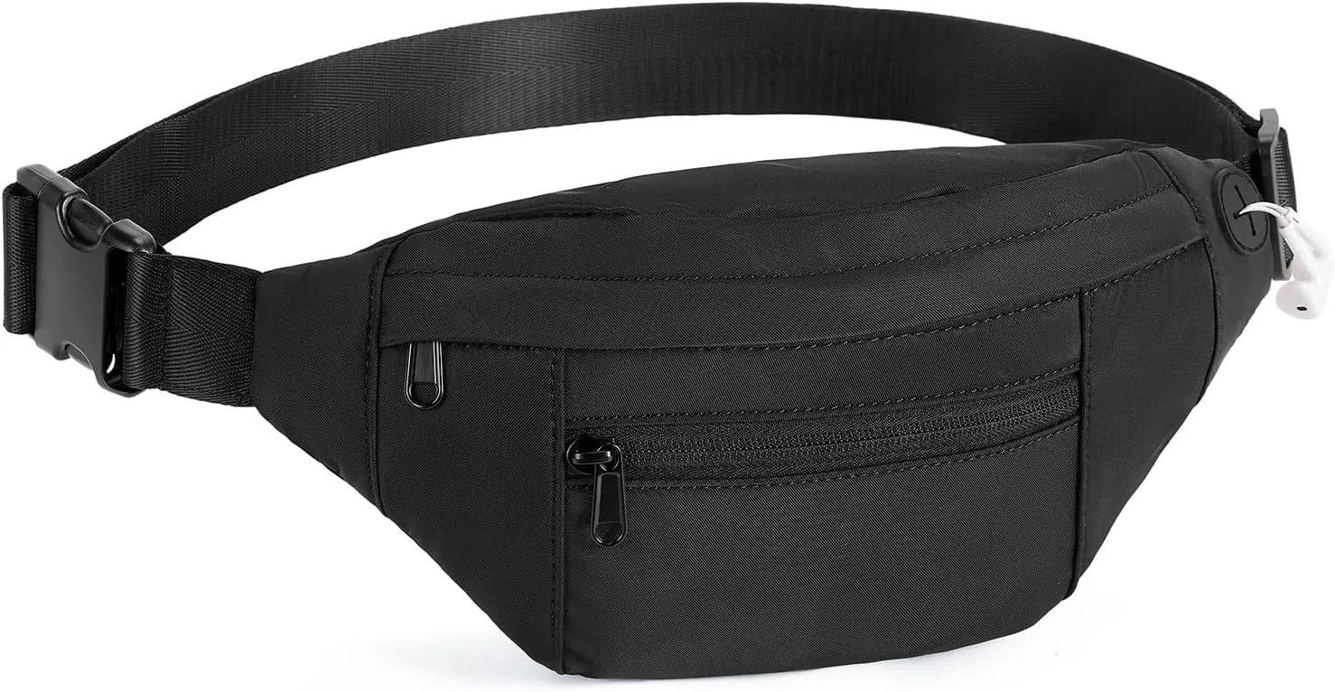 Telena Crossbody Fanny Pack for Women Men Fashion Waist Pack Belt Bag with 4-Zipper Pockets for Hiking Running Travel, Black