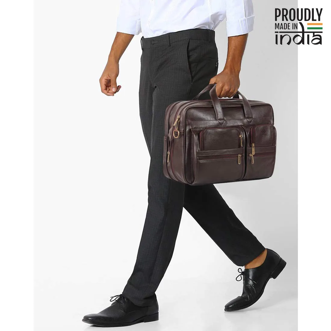 THE CLOWNFISH Faux Leather Expandable Laptop Messenger Bag | 15.6 inch | Chocolate