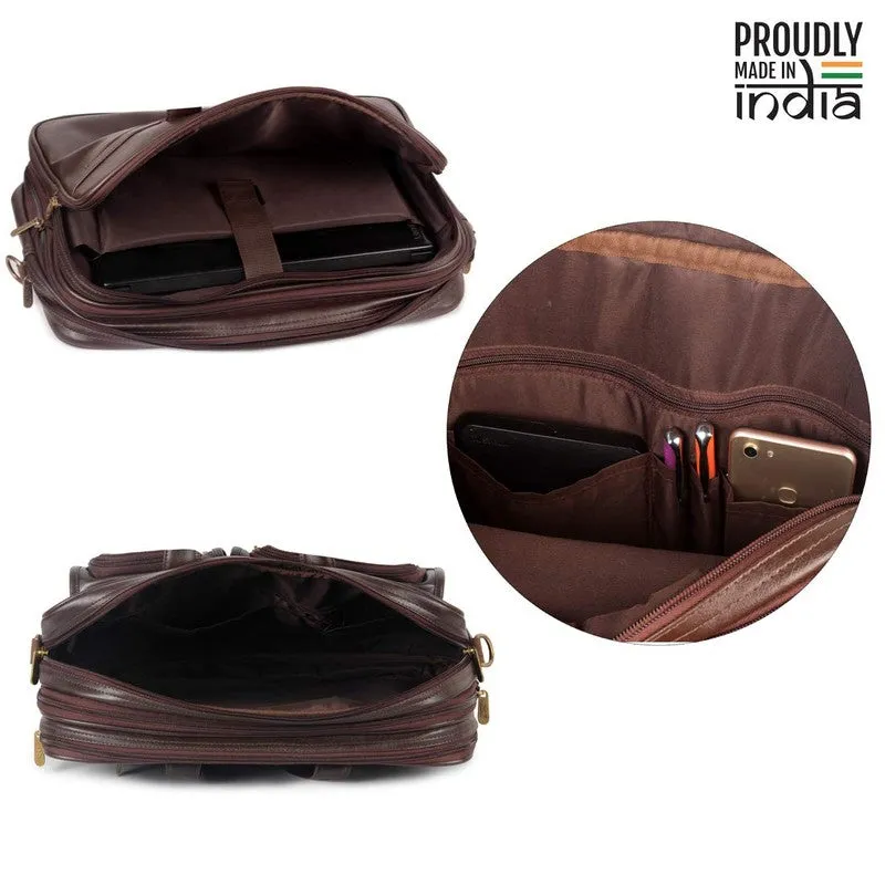 THE CLOWNFISH Faux Leather Expandable Laptop Messenger Bag | 15.6 inch | Chocolate