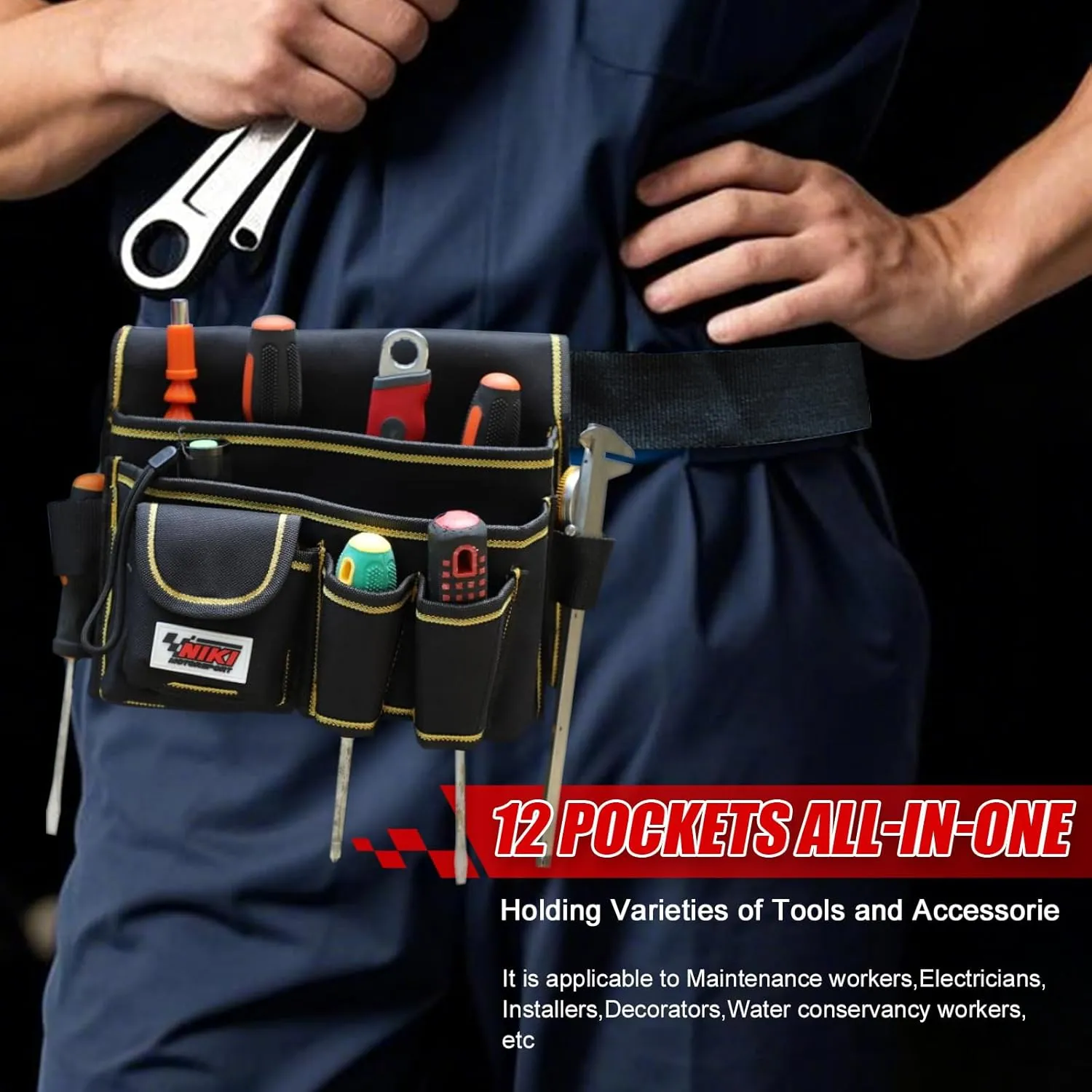 Tool Bag,Detachable & Adjustable Tool Pouch belt for Repairmen,Electrician,Carpenter,Construction,Work Apron (12 pockets)