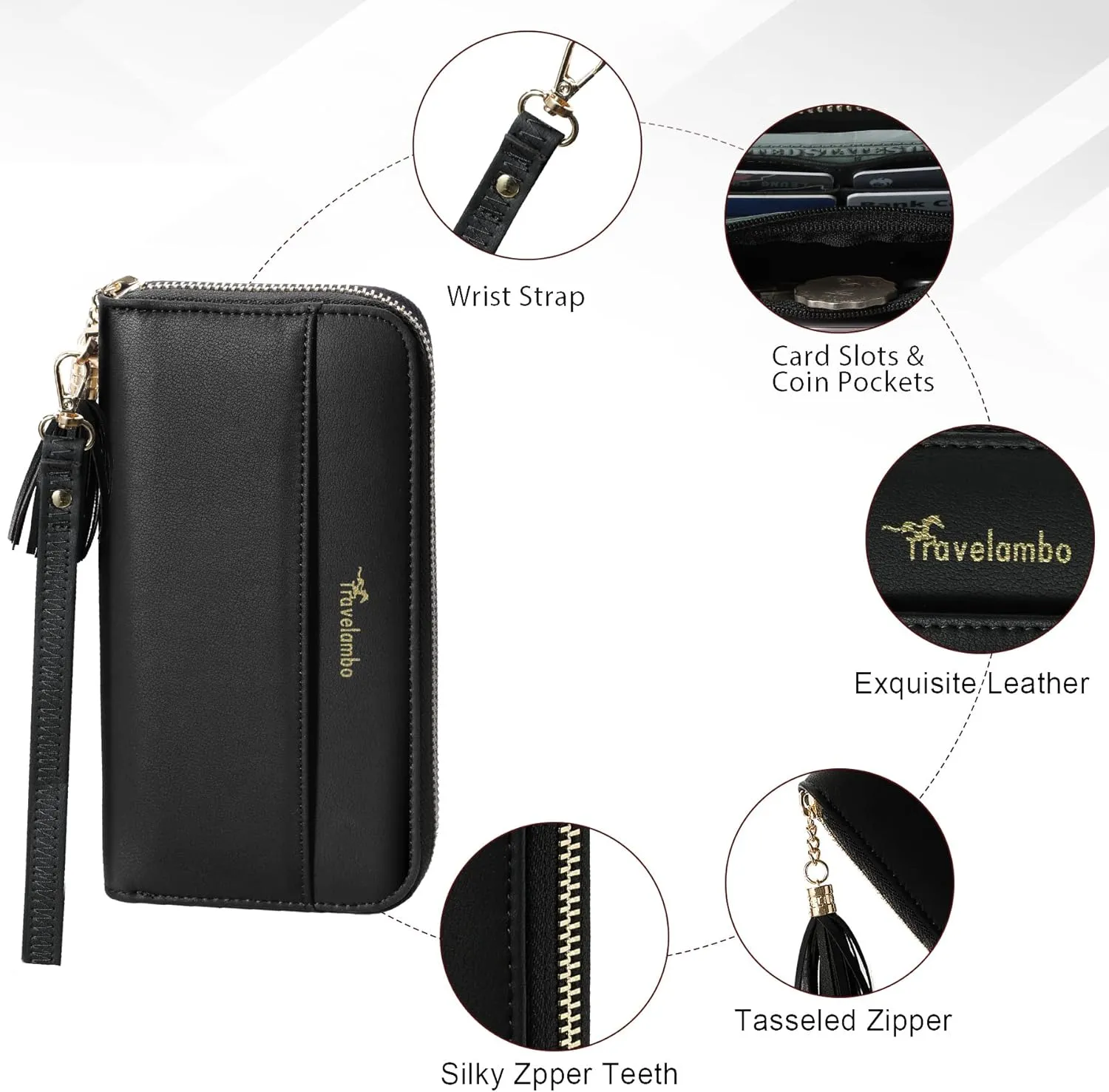 Travelambo Womens Wallet Tassel Bifold Ladies Cluth Wristlet Wrist strap Long Purse