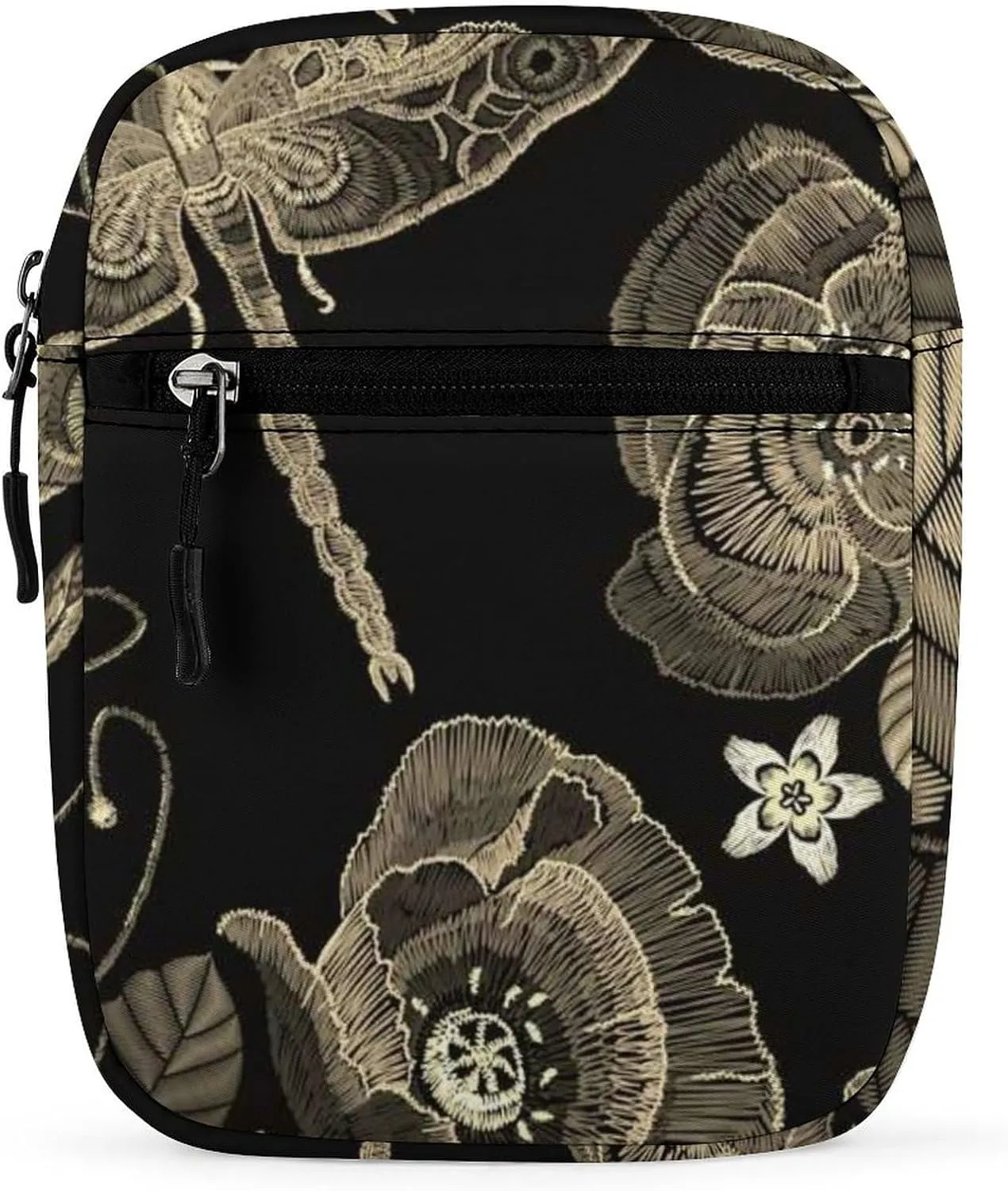 Vintage Embroidery Poppies Peonies Retro Dragonflies on Dark Adjustable Fanny Waist Pack Pouch, Waterproof Crossbody Runners Bag Wallet for Gym Hiking Fitness Women Men 6.1 x 2.2 x 7.9 inch