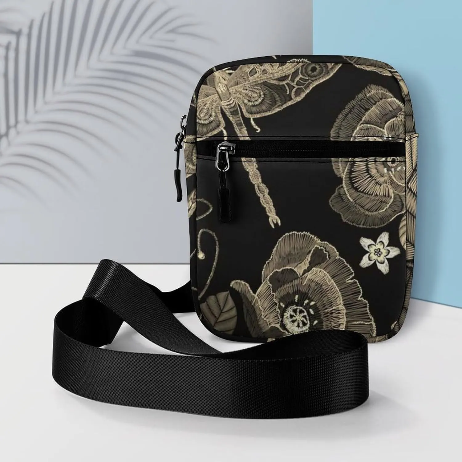 Vintage Embroidery Poppies Peonies Retro Dragonflies on Dark Adjustable Fanny Waist Pack Pouch, Waterproof Crossbody Runners Bag Wallet for Gym Hiking Fitness Women Men 6.1 x 2.2 x 7.9 inch