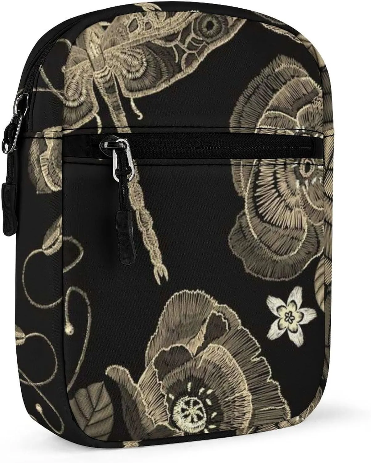 Vintage Embroidery Poppies Peonies Retro Dragonflies on Dark Adjustable Fanny Waist Pack Pouch, Waterproof Crossbody Runners Bag Wallet for Gym Hiking Fitness Women Men 6.1 x 2.2 x 7.9 inch