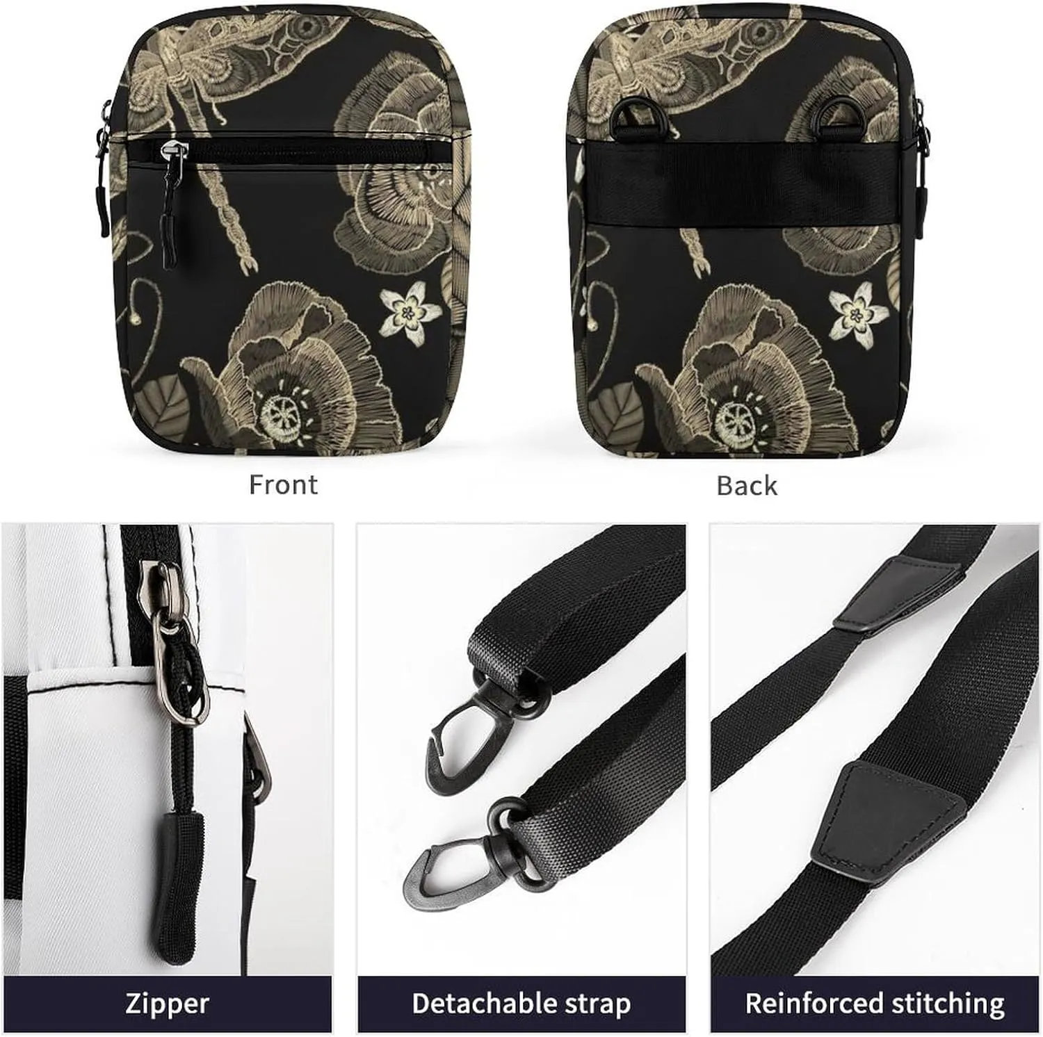 Vintage Embroidery Poppies Peonies Retro Dragonflies on Dark Adjustable Fanny Waist Pack Pouch, Waterproof Crossbody Runners Bag Wallet for Gym Hiking Fitness Women Men 6.1 x 2.2 x 7.9 inch
