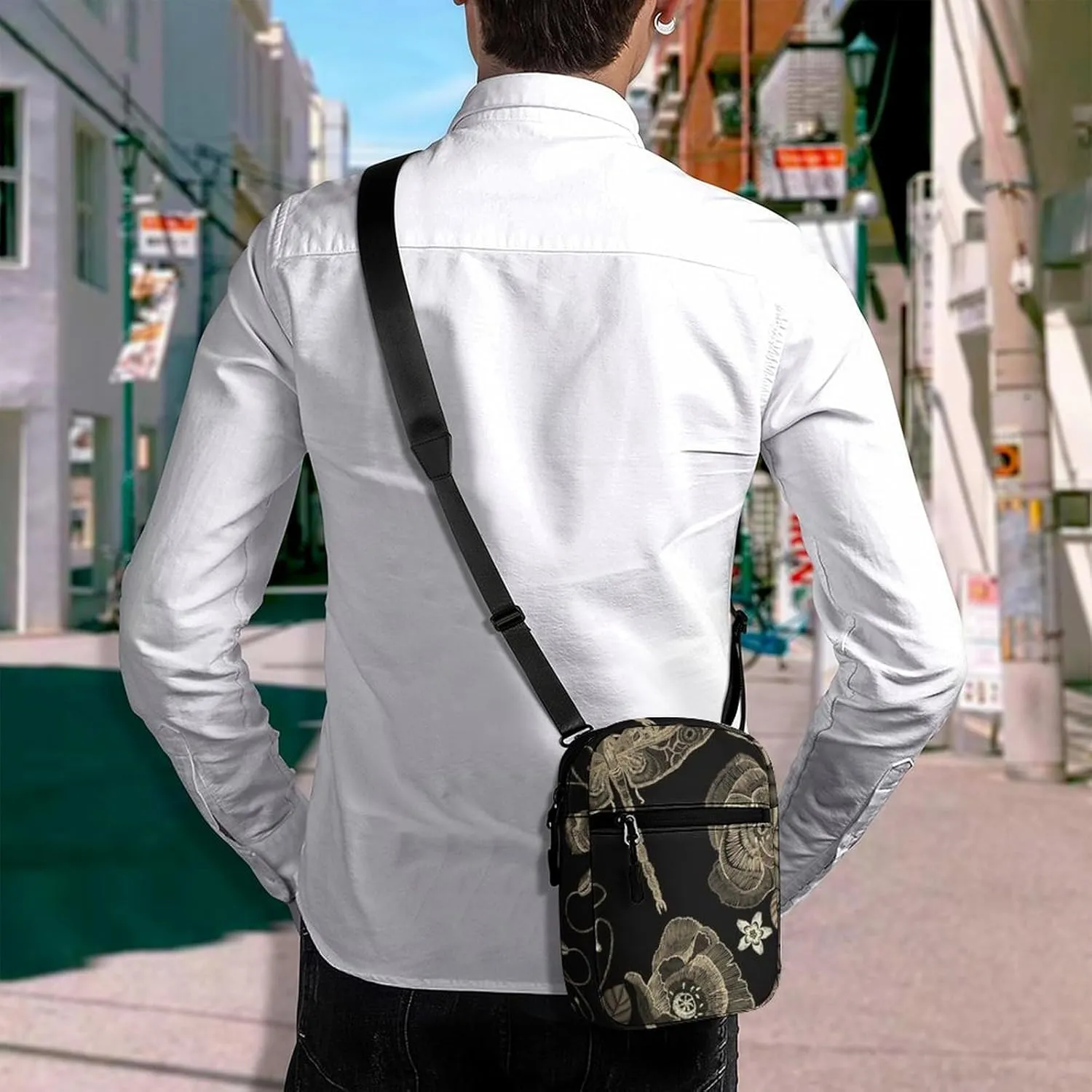 Vintage Embroidery Poppies Peonies Retro Dragonflies on Dark Adjustable Fanny Waist Pack Pouch, Waterproof Crossbody Runners Bag Wallet for Gym Hiking Fitness Women Men 6.1 x 2.2 x 7.9 inch