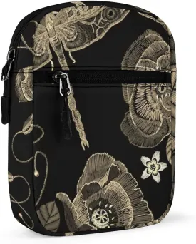 Vintage Embroidery Poppies Peonies Retro Dragonflies on Dark Adjustable Fanny Waist Pack Pouch, Waterproof Crossbody Runners Bag Wallet for Gym Hiking Fitness Women Men 6.1 x 2.2 x 7.9 inch
