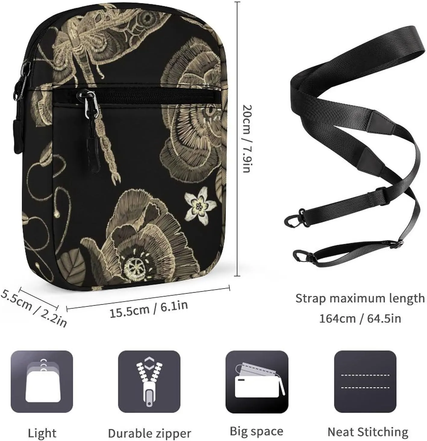 Vintage Embroidery Poppies Peonies Retro Dragonflies on Dark Adjustable Fanny Waist Pack Pouch, Waterproof Crossbody Runners Bag Wallet for Gym Hiking Fitness Women Men 6.1 x 2.2 x 7.9 inch