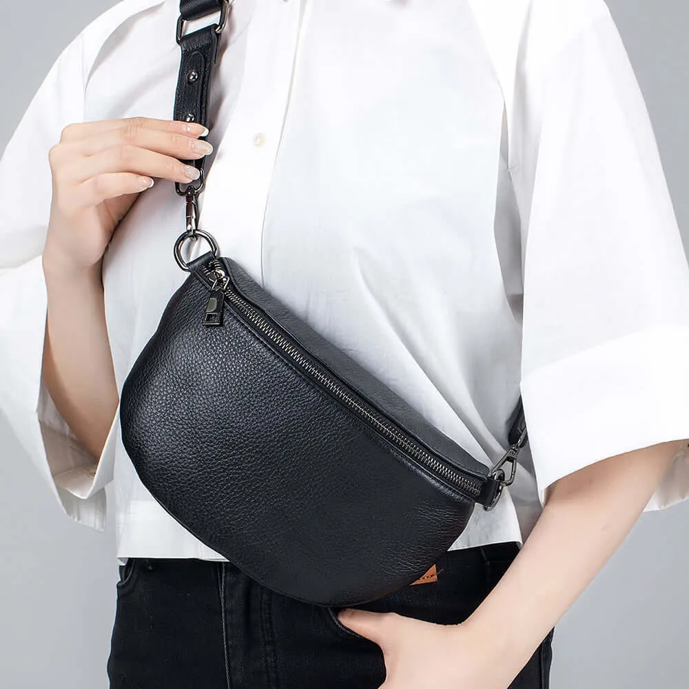 Women's Leather Bum Bag NZ - Versatile Black Crossbody Bag